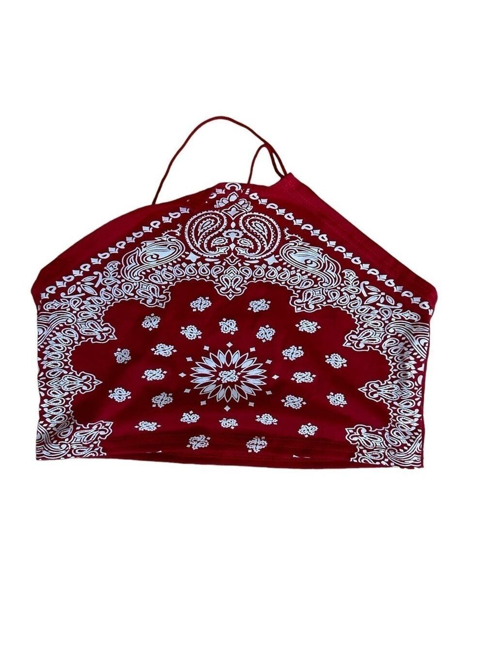 Romwe Red and White Bandanna Halter Cropped Top